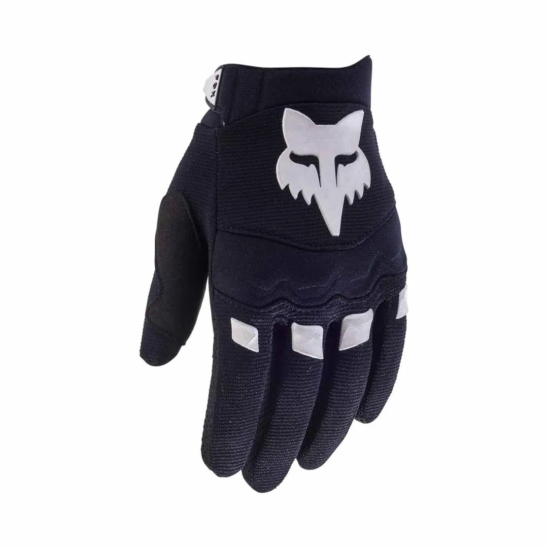 Black kids mountain bike glove with a white fox logo on a white background