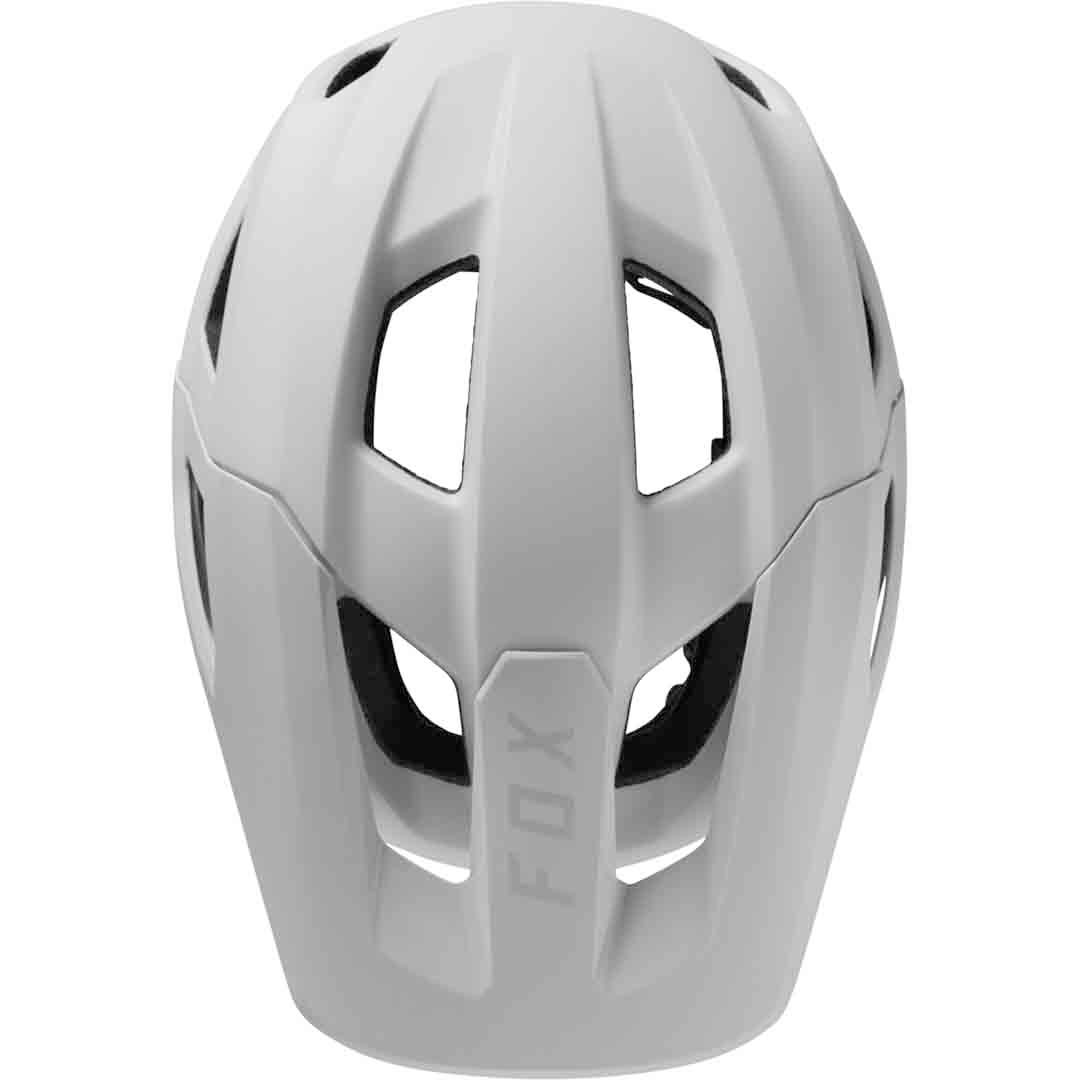 A picture of the top of the white Fox Youth Mainframe Helmet