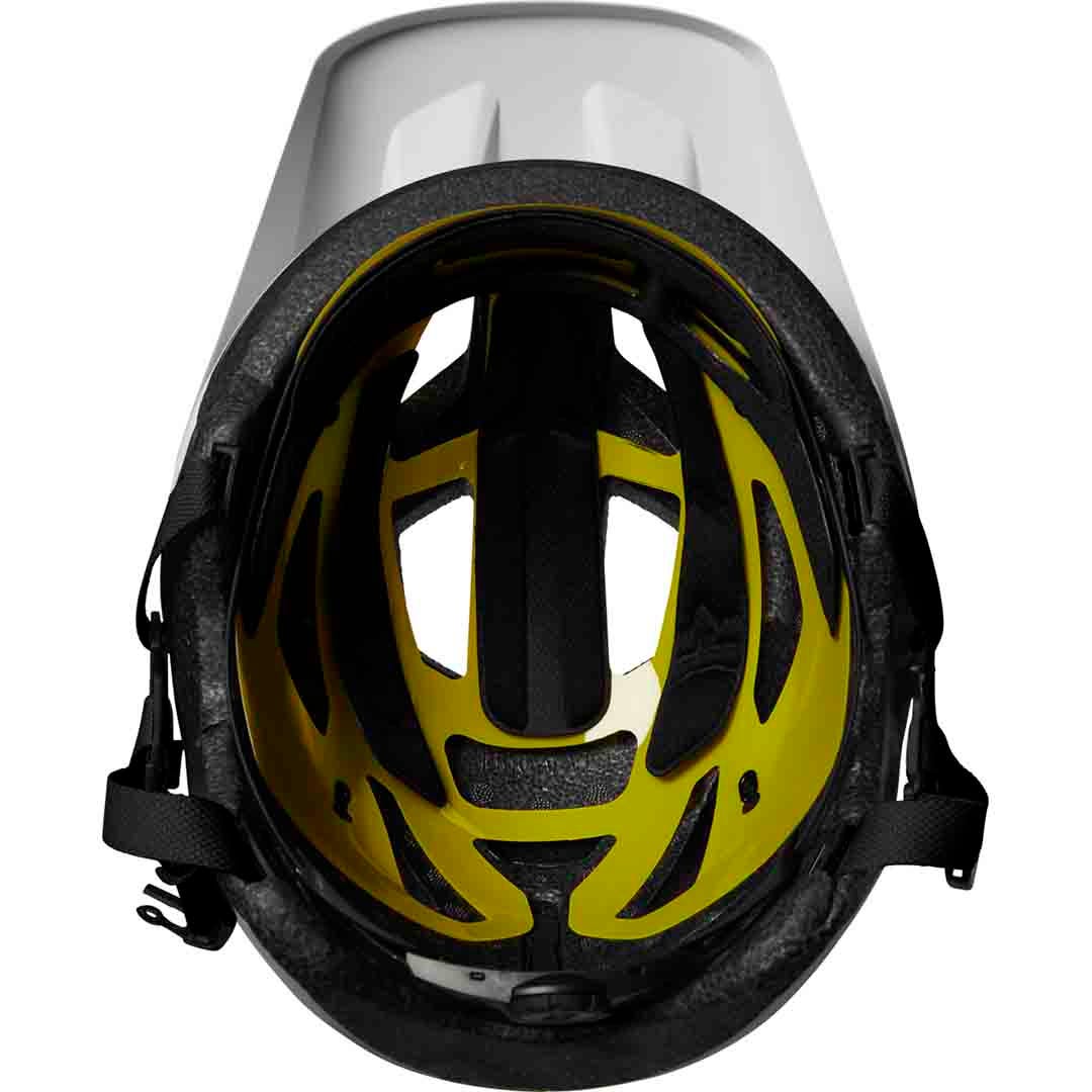 A picture of the inside of the white Fox Youth Mainframe Helmet