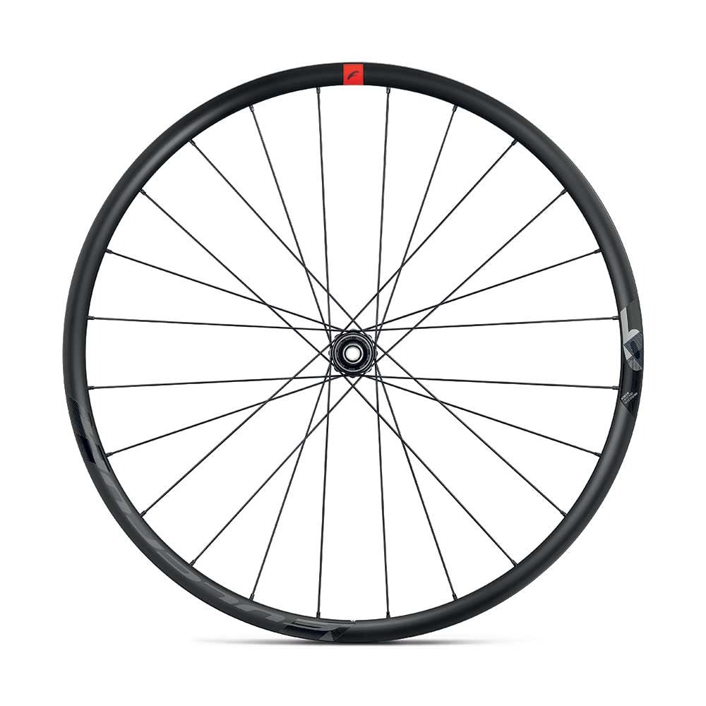 Road Bike wheel with black rim and red hub on a white background