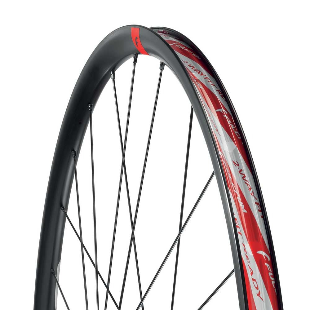 Close up of a Fulcrum Road Bike wheel with red and black rim tape on a white background