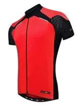 Red and black cycling jersey with a brand logo on a white background