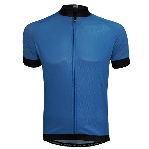 Blue cycling jersey with black accents on a white background