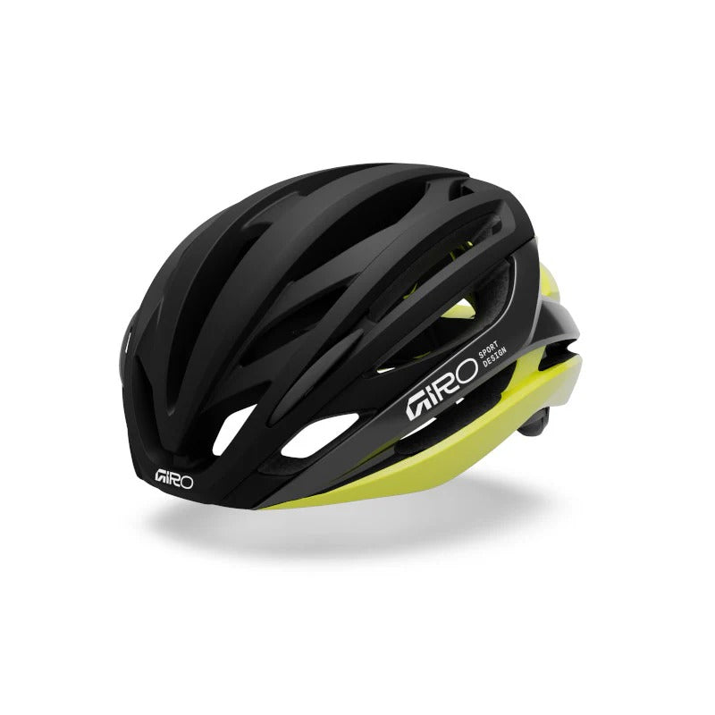 Black and yellow Giro helmet on a white background