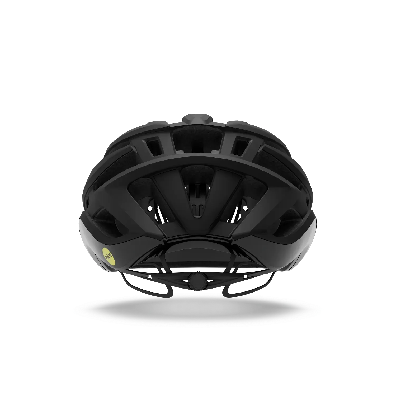 A back view of a black road bike helmet on a white background