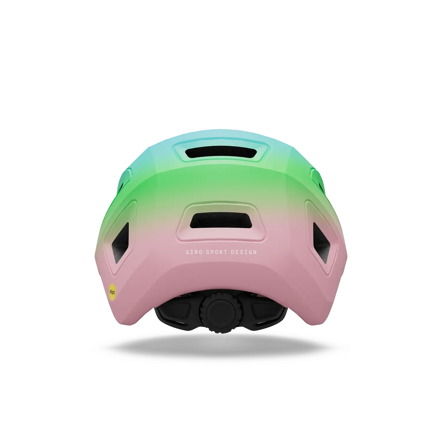 Gradient pink to green bicycle helmet on a white background