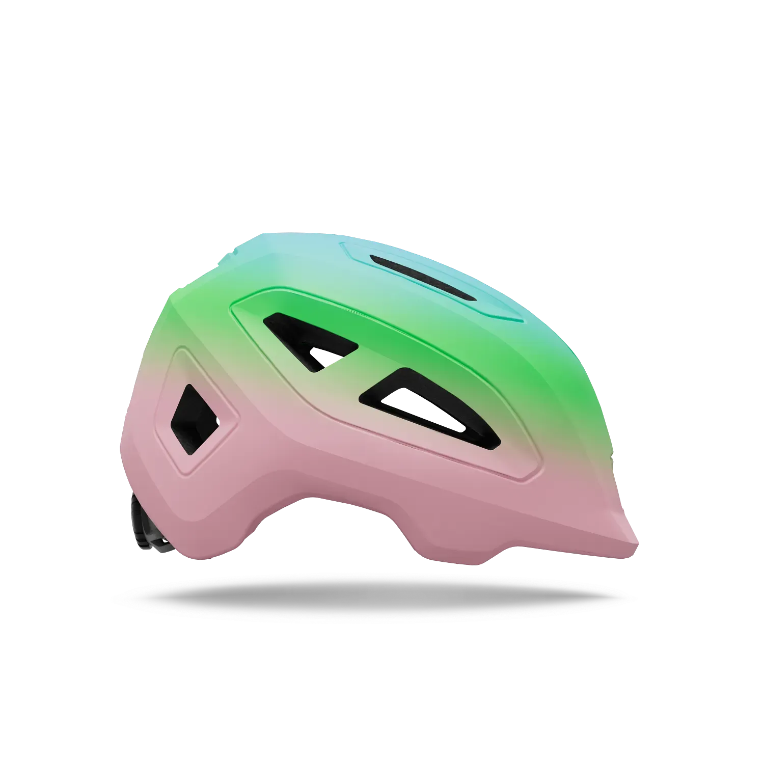 Gradient pink to green bicycle helmet on a white background