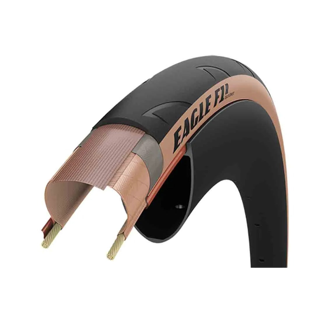 Road bike tyre with a tan wall and 'Eagle F1' branding on a white background