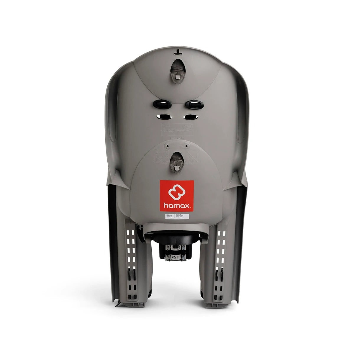 The rear view of a Hamax bicycle baby seat on a white background