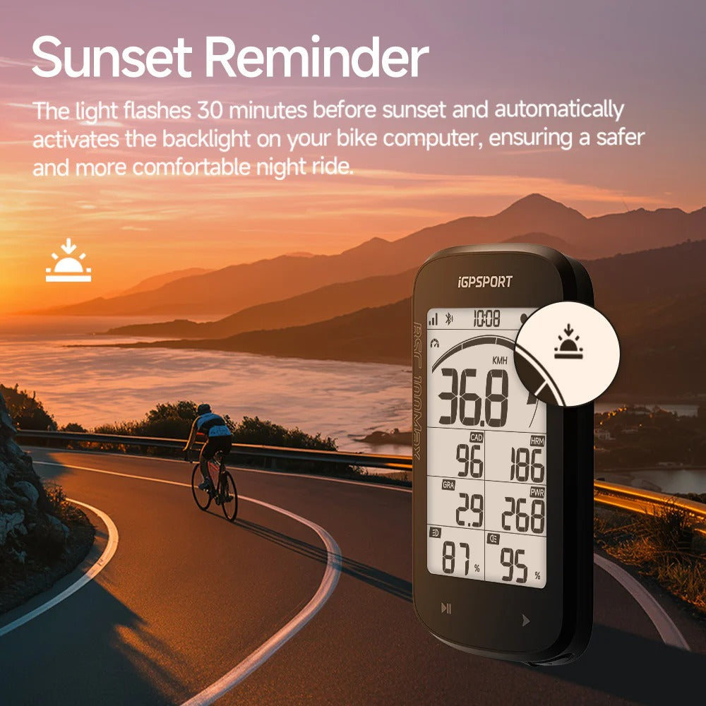 IGPSPORT bike computer with sunset reminder feature displayed against a scenic background of a cyclist on a road.