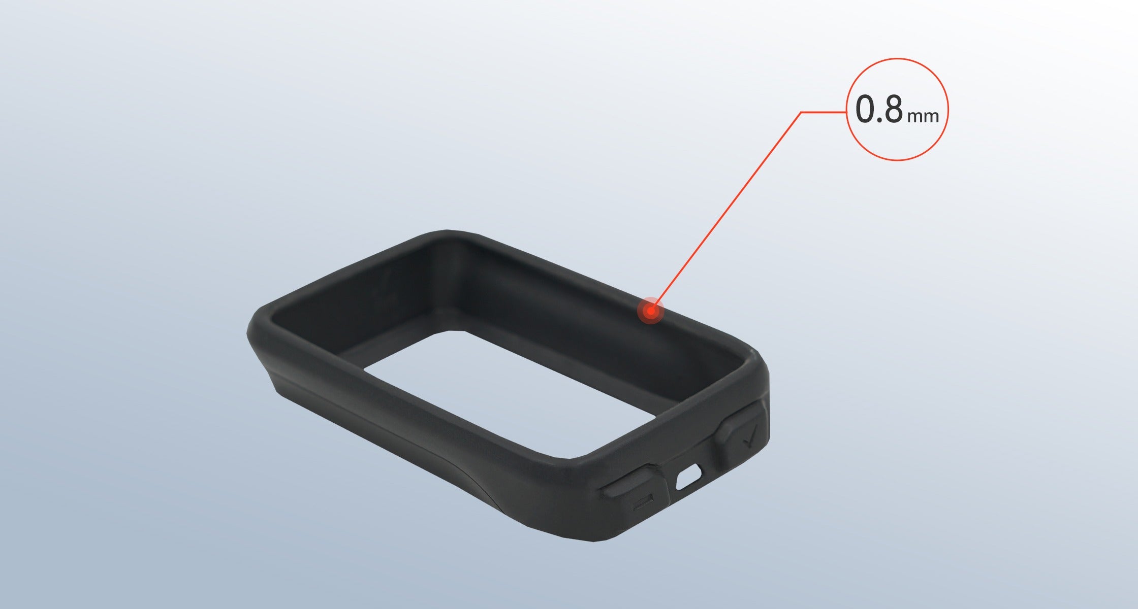 Black cycling computer cover with a measurement point labeled '0.8 mm' on a light gray background