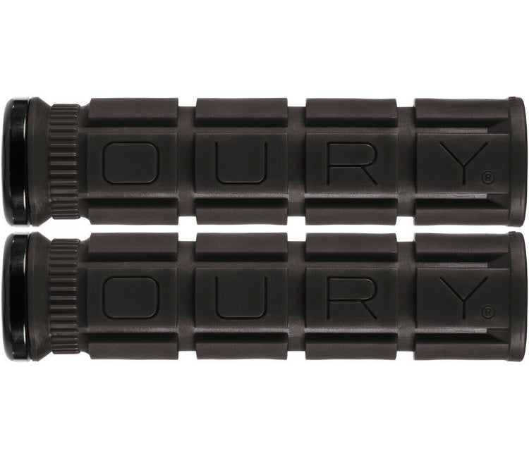 Two black textured bicycle grips with the brand name 'OURY' embossed on the surface, shown against a plain white background.