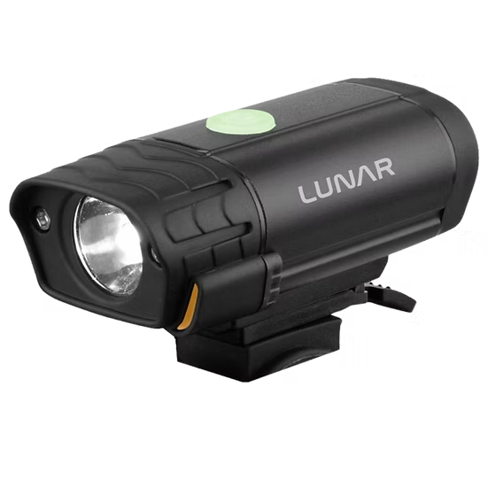Black bicycle light with 'LUNAR' branding on a white background