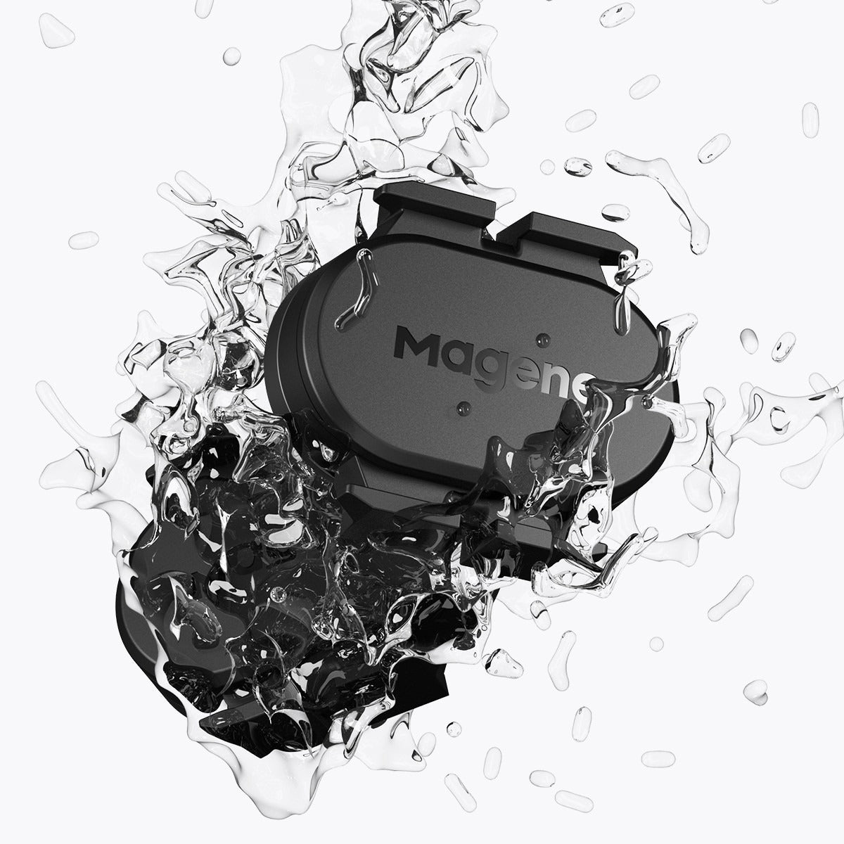 Magene Speed/Cadence Sensor with water droplets around it to show the water resistance of the device on a white background