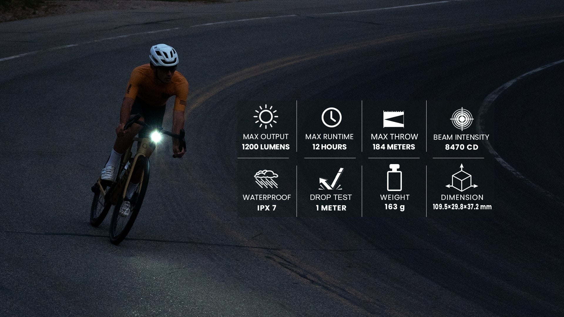 Road cyclist on a dark road with bike light features displayed on screen