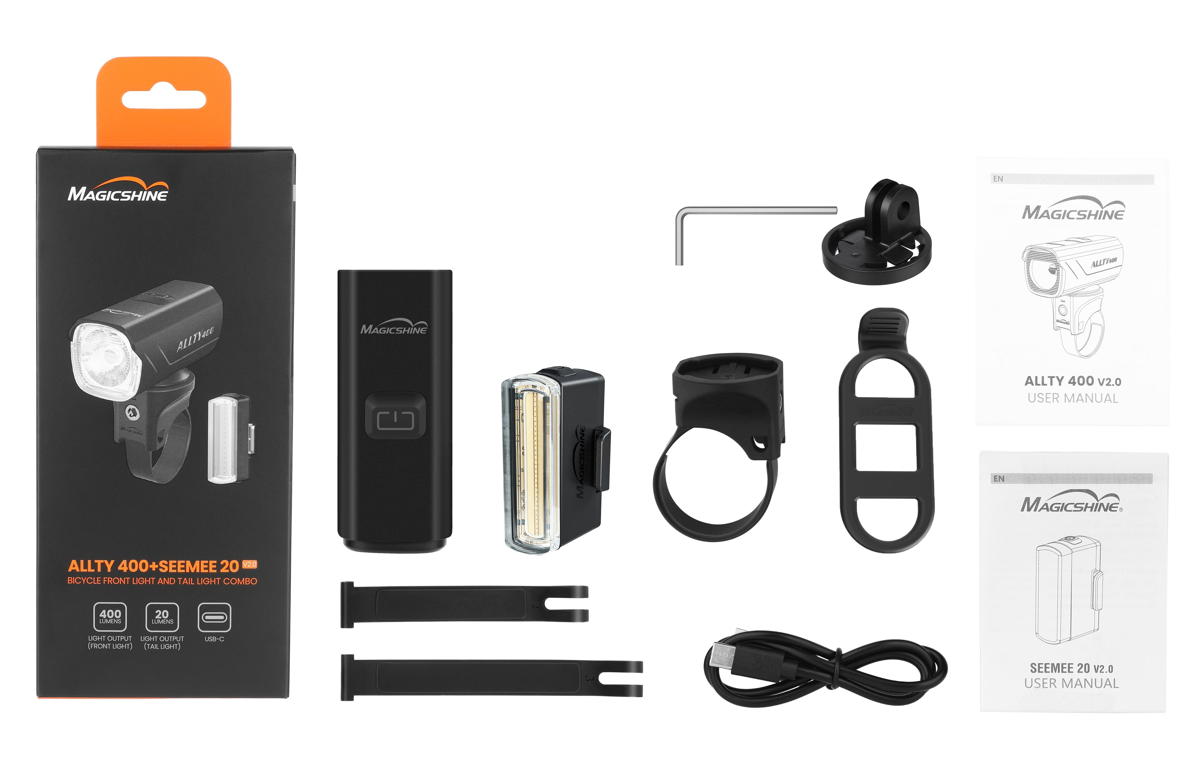 A picture of everything included in the Magicshine Allty 400 + SeeMee 20 Combo Bicycle Light Set Box