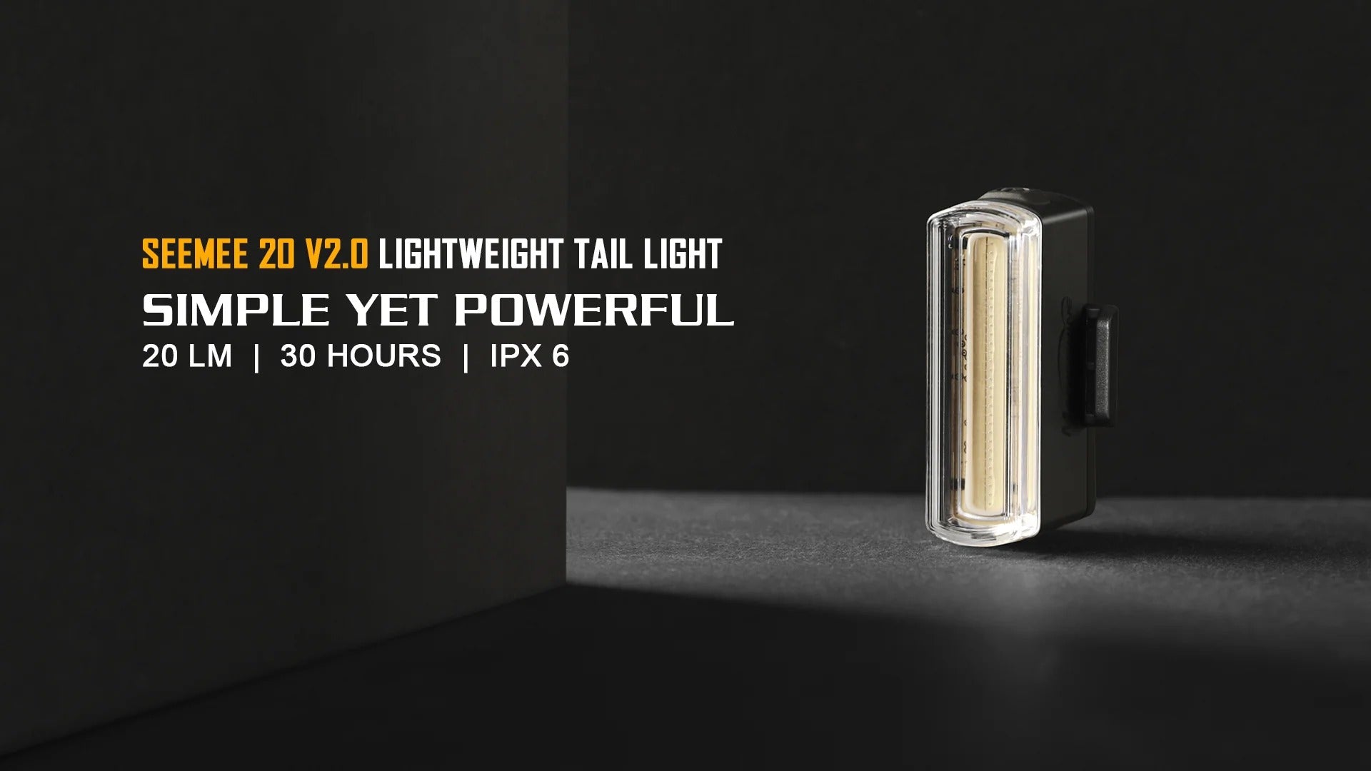 Seemee 20 V2.0 lightweight tail light on a dark background with text highlighting features.