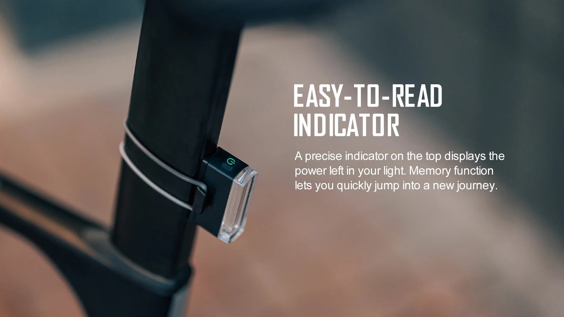 Rear Tail Light on Seatpost of bike with features typed up on a blurred background