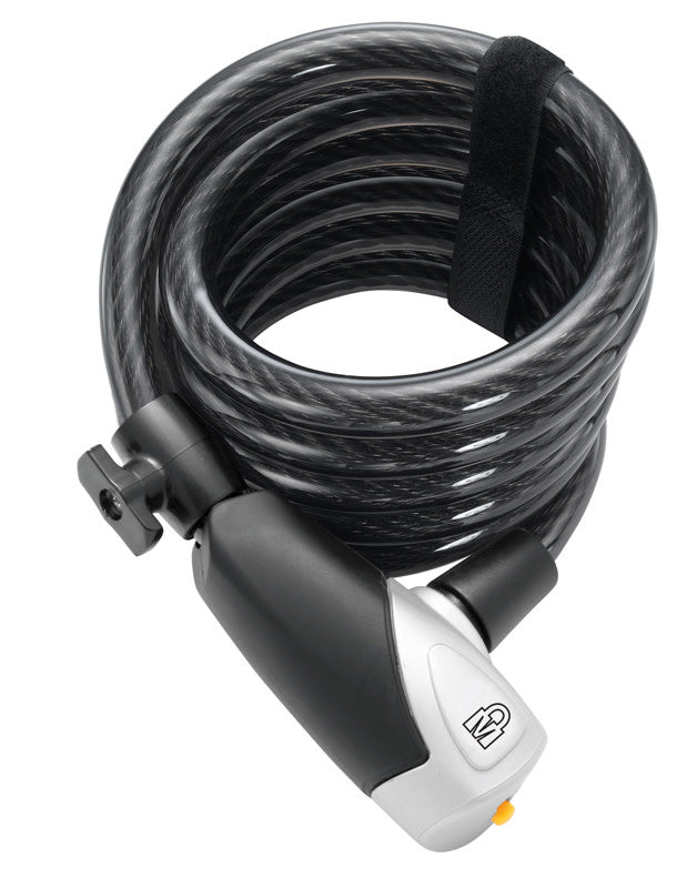 A black Magnum bicycle coil cable key lock with a double bolt lock mechanism and a quick release bracket.