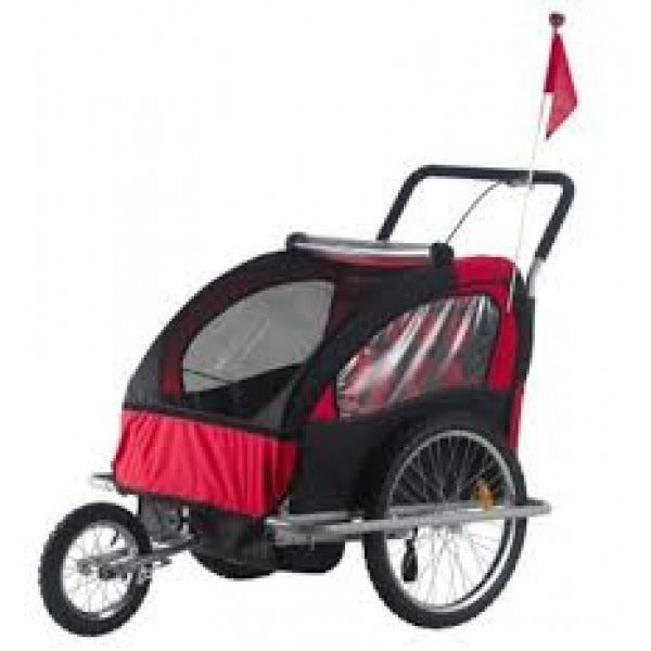 Red and black bicycle trailer converted to a stroller on a white background
