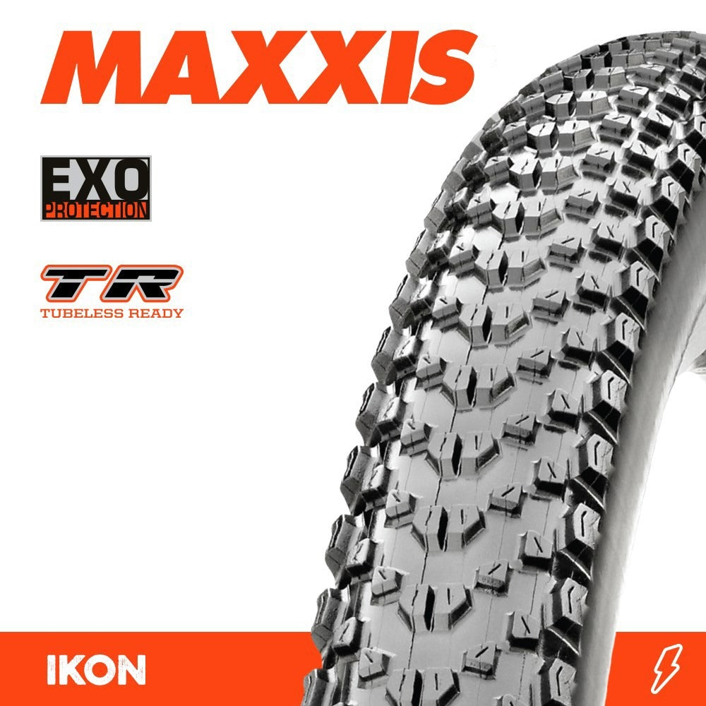 Maxxis IKON tire with EXO and Tubeless Ready features on a red and white background
