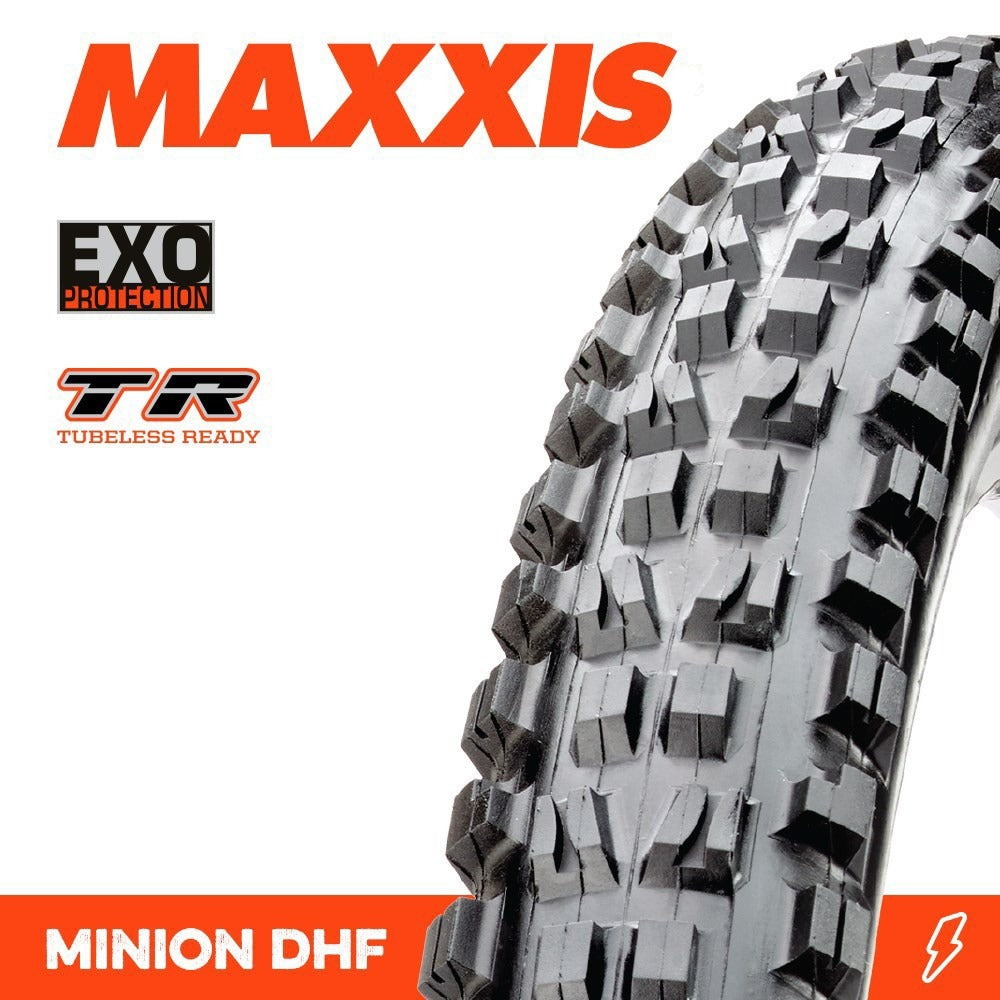 Maxxis Minion DHF tire with EXO and Tubeless Ready technologies on a white background