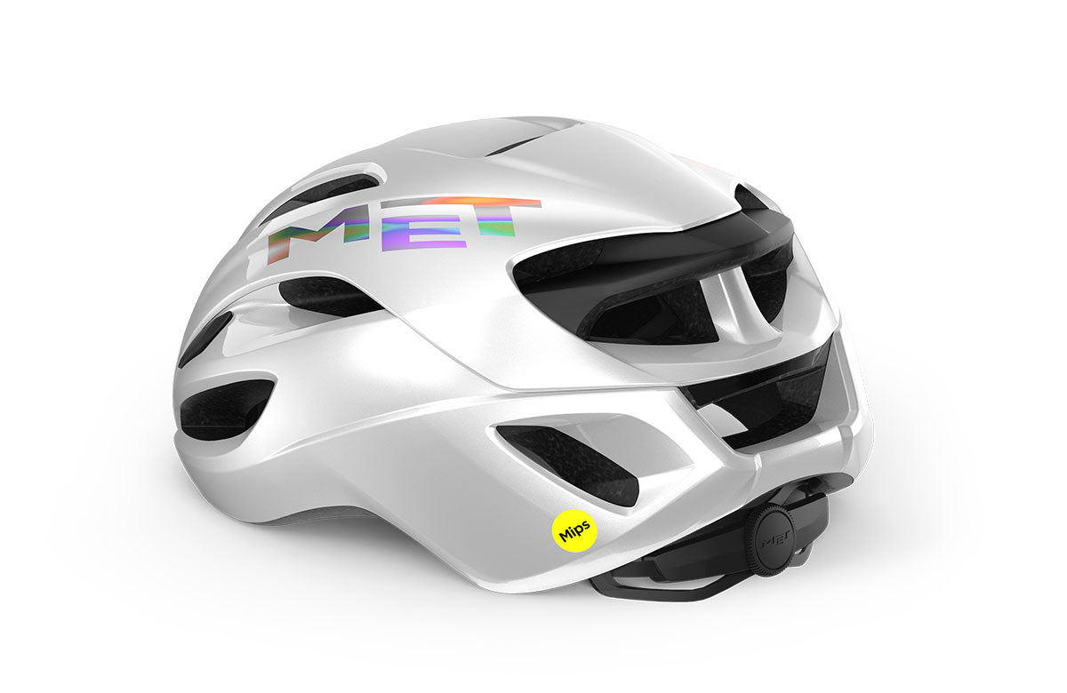 A picture from the side of the white Met Rivale II MIPS Road Helmet