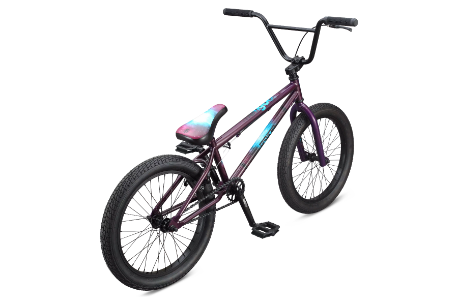 A picture from behind of the purple Mongoose Legion L40 BMX Bike