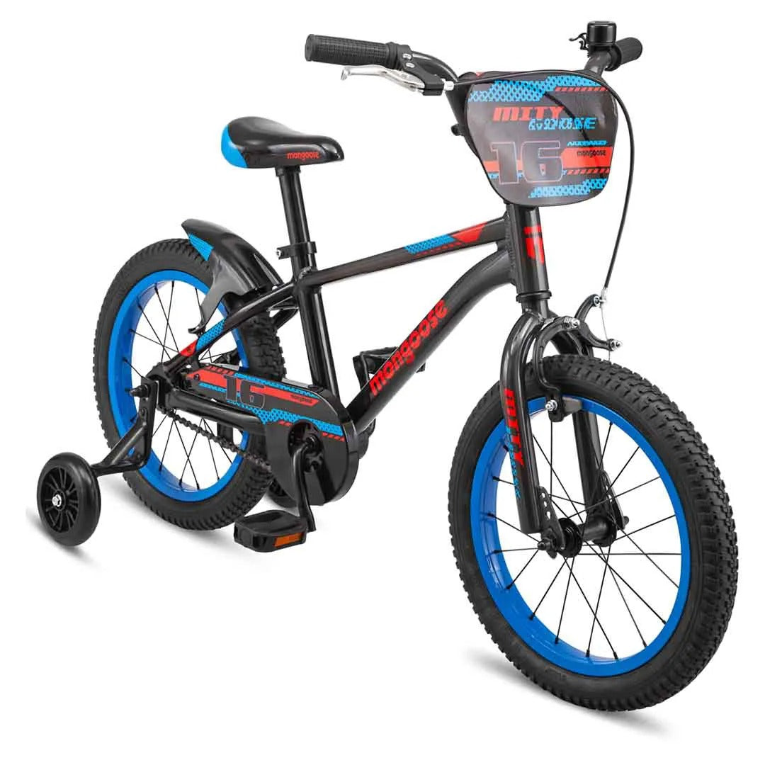 Kids black, red and blue Mongoose Bike with training wheels on a white background