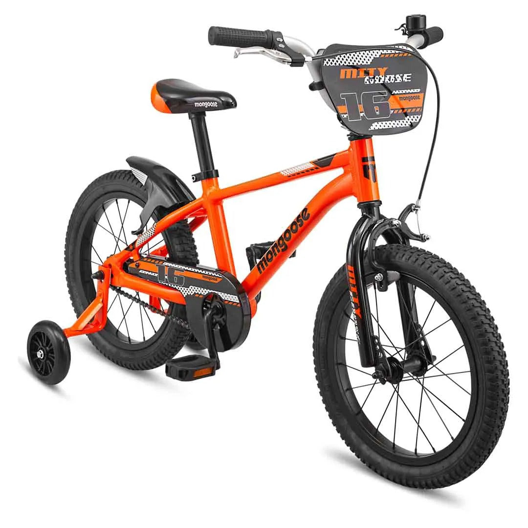 An orange Mongoose Mitygoose Kids Bike on a white background