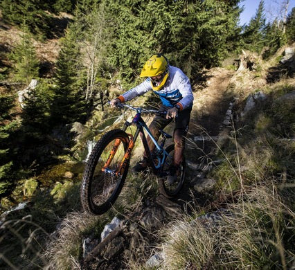 Person riding a mountain bike on a rocky trail in a forest