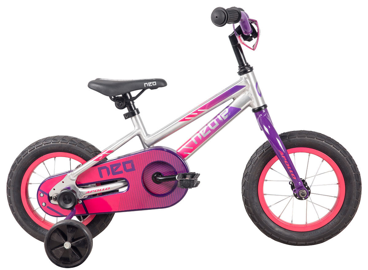 A picture of Neo Girls 12" Bike silver, purple and pink