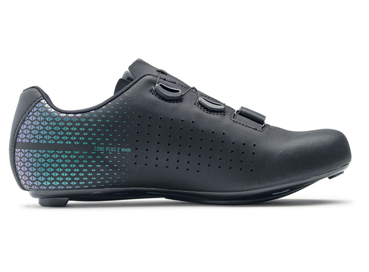 Black cycling shoe with teal reflective pattern on a white background
