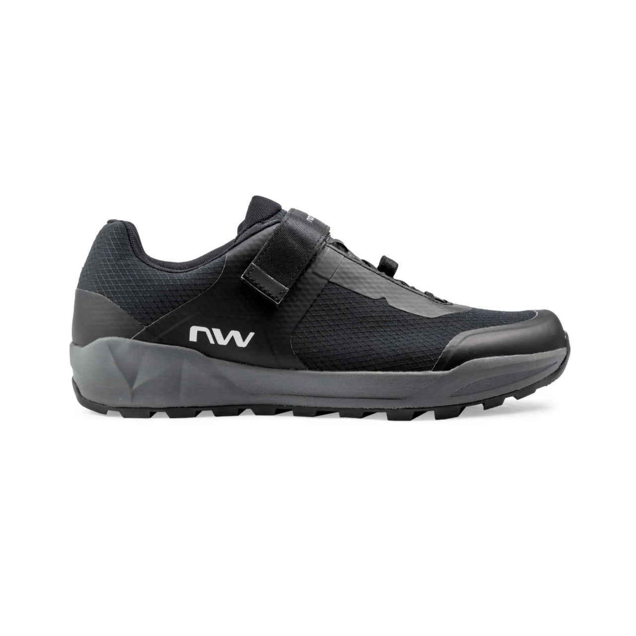 Black and gray mountain bike shoe with 'NW' logo on a white background