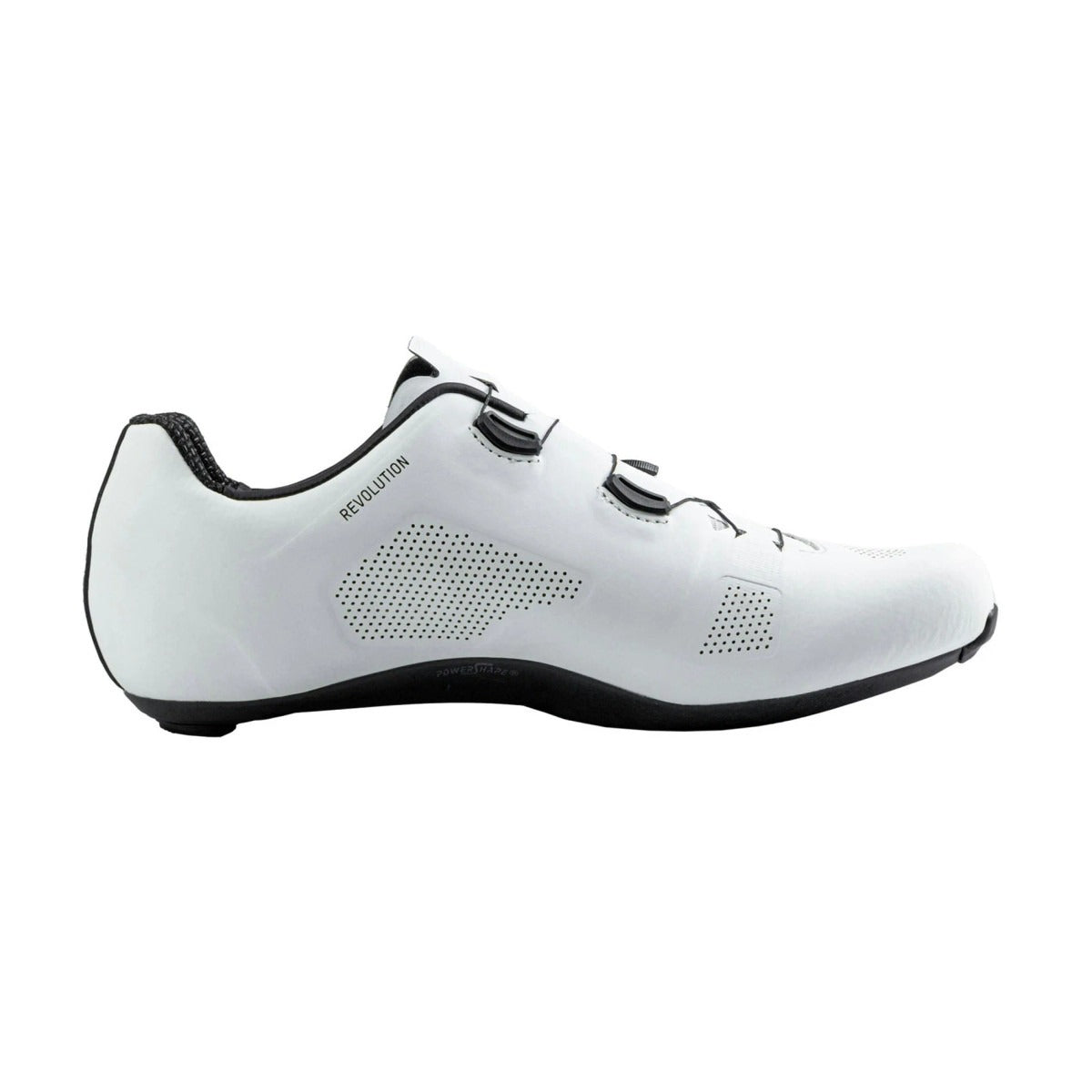 White cycling shoe with black accents on a white background