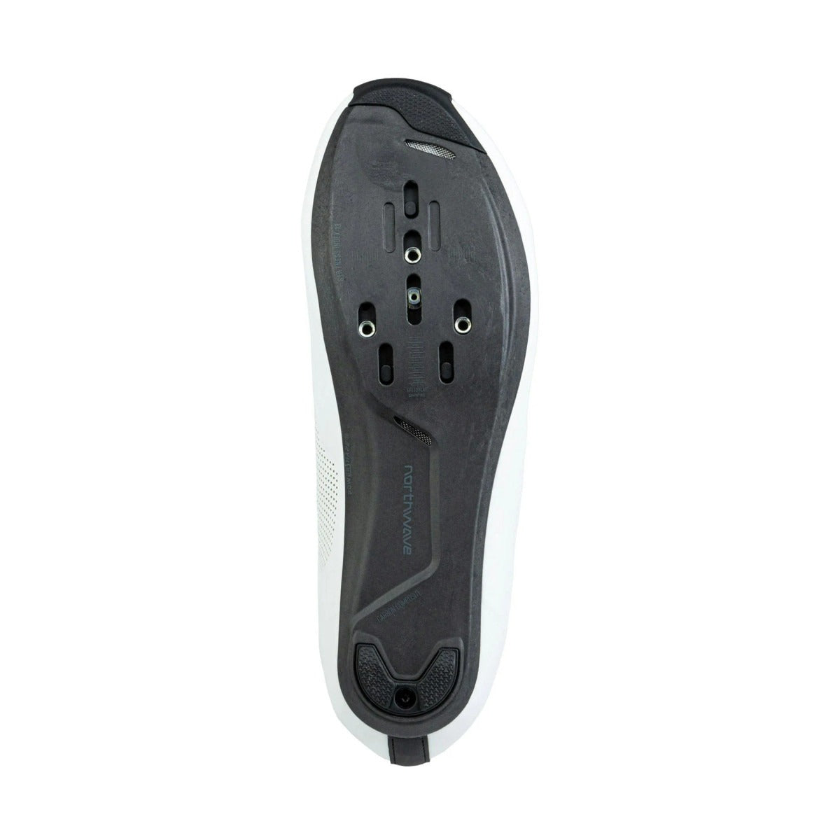 Black cycling shoe sole with cleat holes on a white background