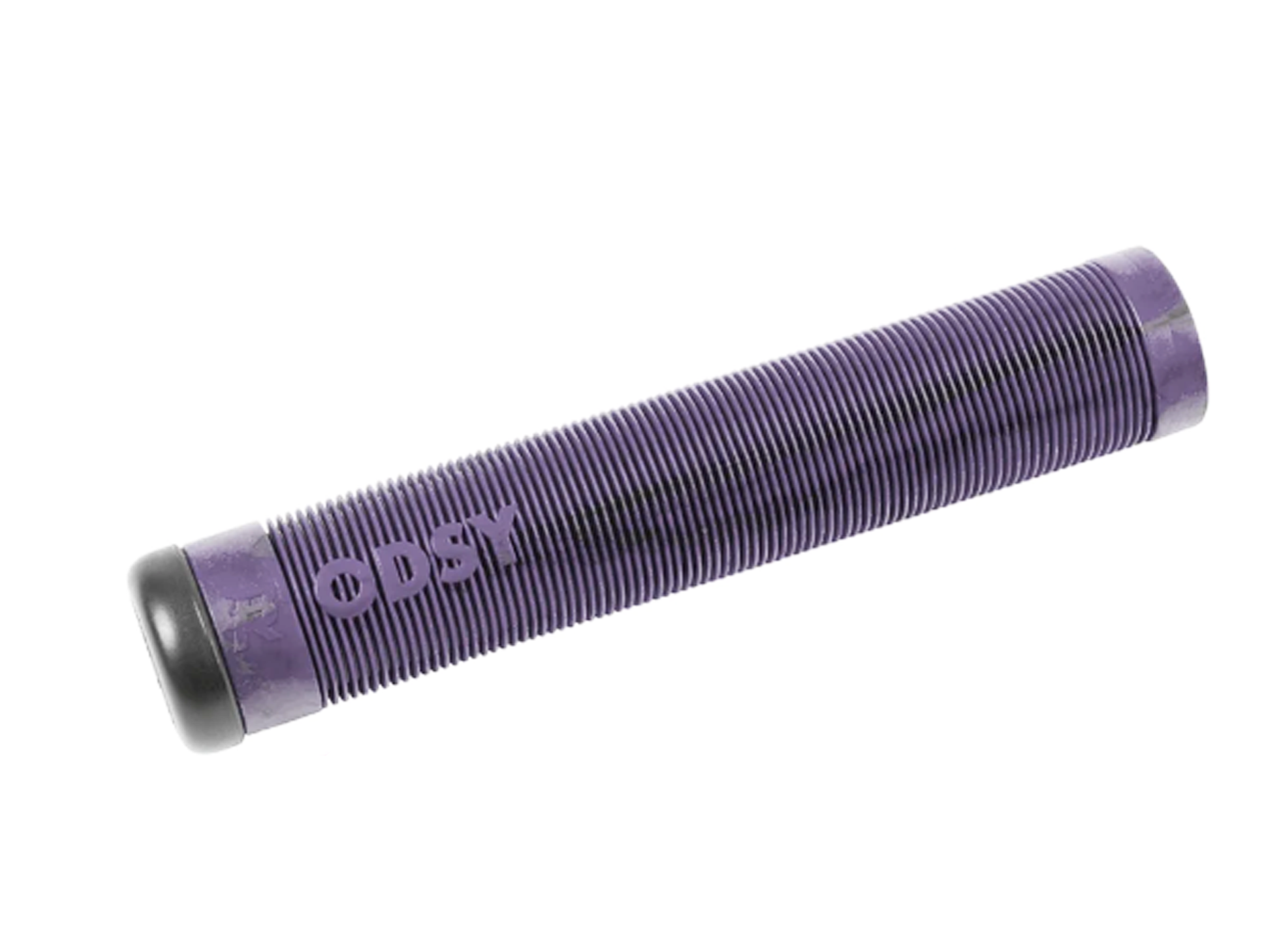 Purple bicycle handlebar grip with 'ODYSSEY' branding on a white background