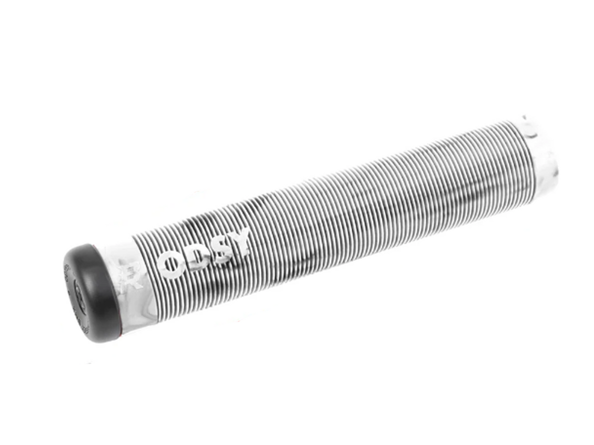 White with black swirl Odyssey Bicycle Grips on a white background