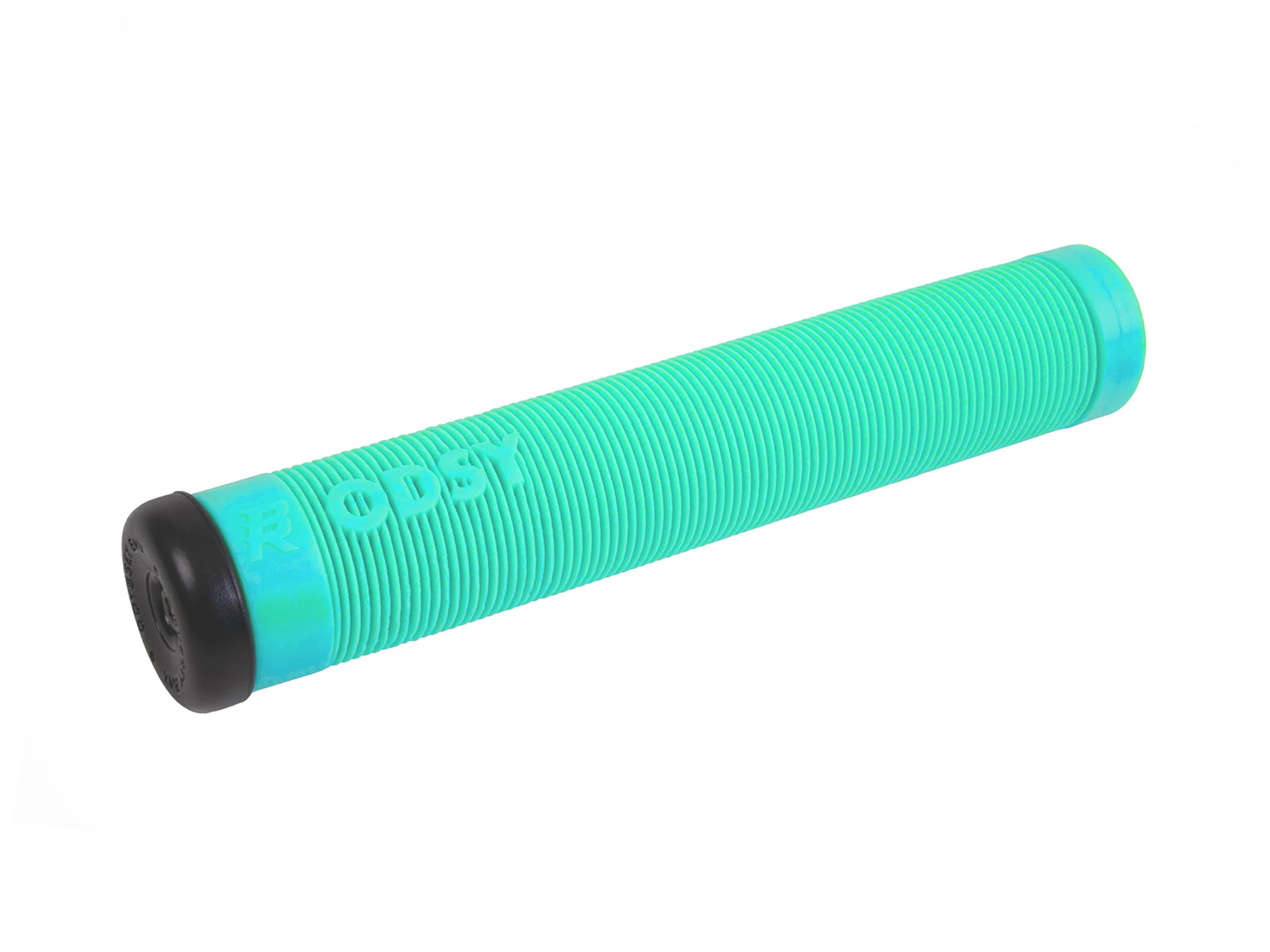 A green ribbed bicycle handlebar grip with a black end cap, featuring the embossed brand name 'ODYSSEY' on the side, set against a plain white background.