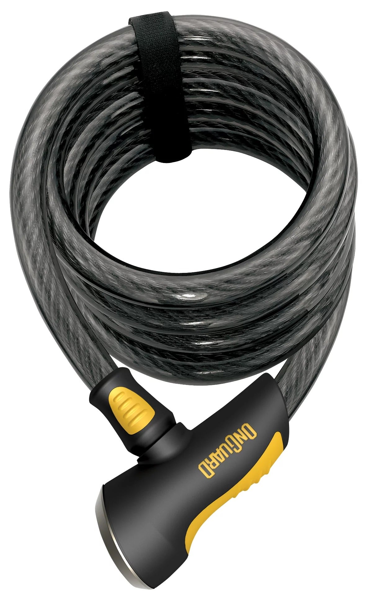 Coiled bicycle lock with a black and yellow handle on a white background