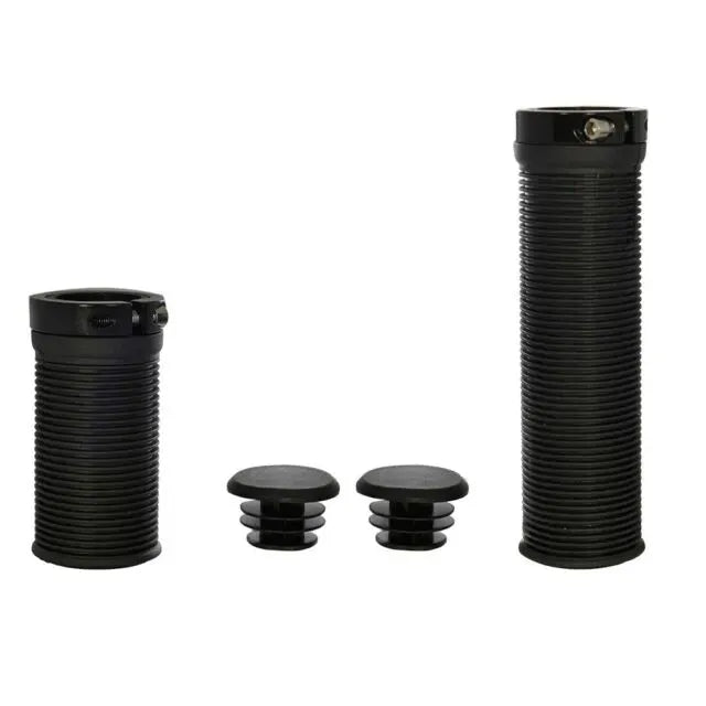 Black bicycle lock on grips suited for a twist shifter on the right with a ribbed pattern on a white background