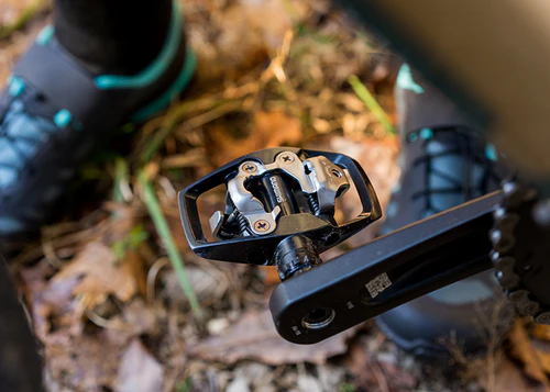Close-up of a bicycle pedal on a forest floor