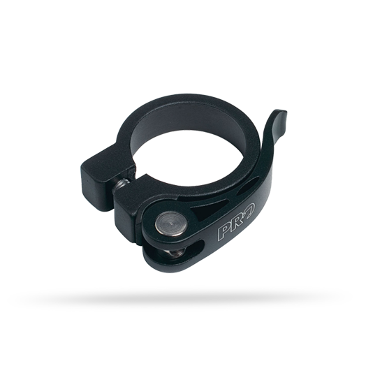Black quick release bicycle seat postclamp with 'PRO' branding on a white background