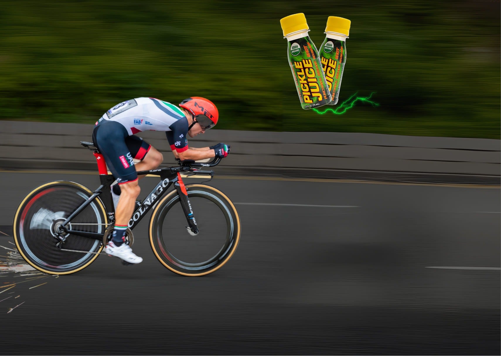 Cyclist in action with Pickle Juice energy drink bottles superimposed.
