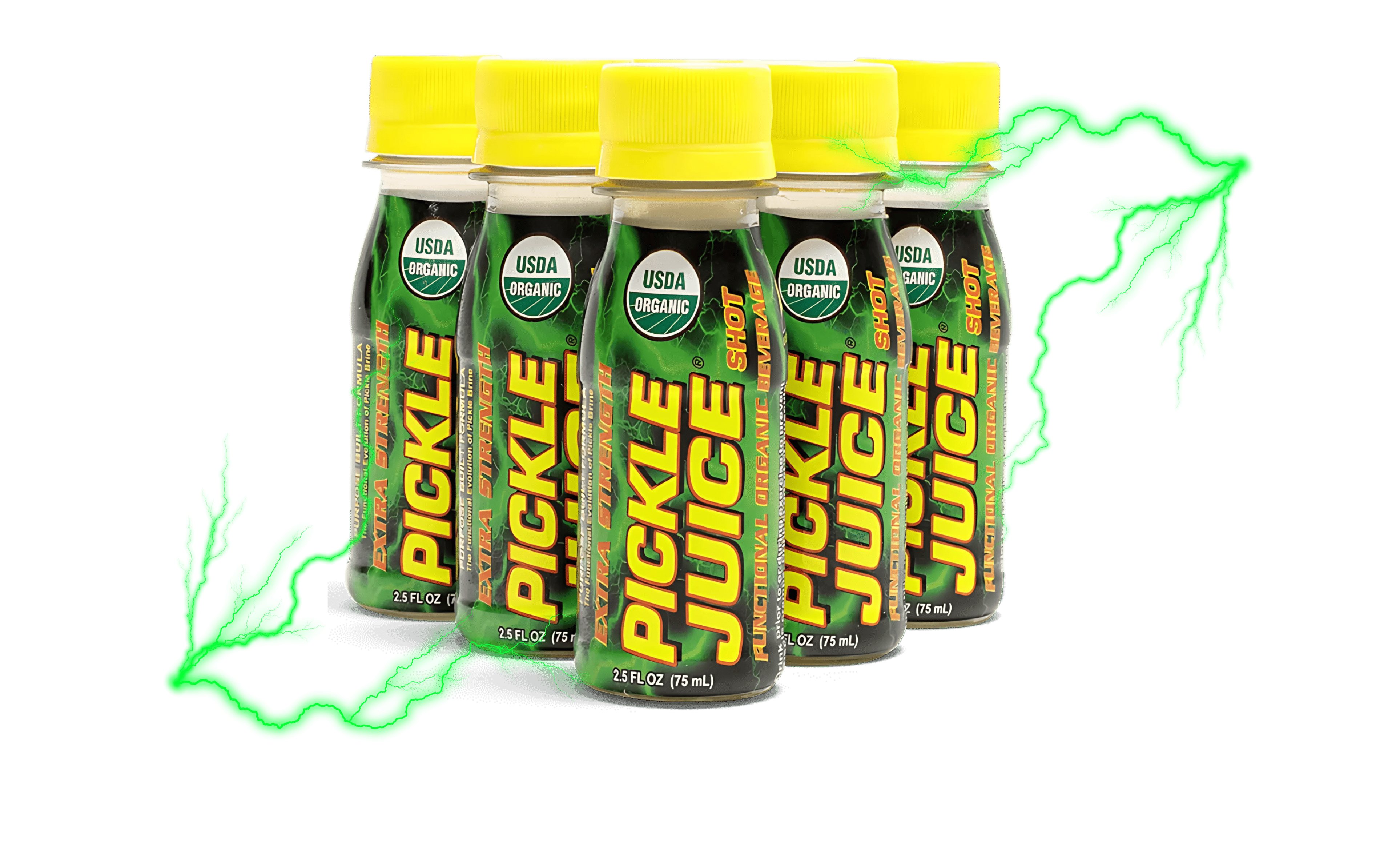 Five bottles of Pickle Juice with green lightning on a white background
