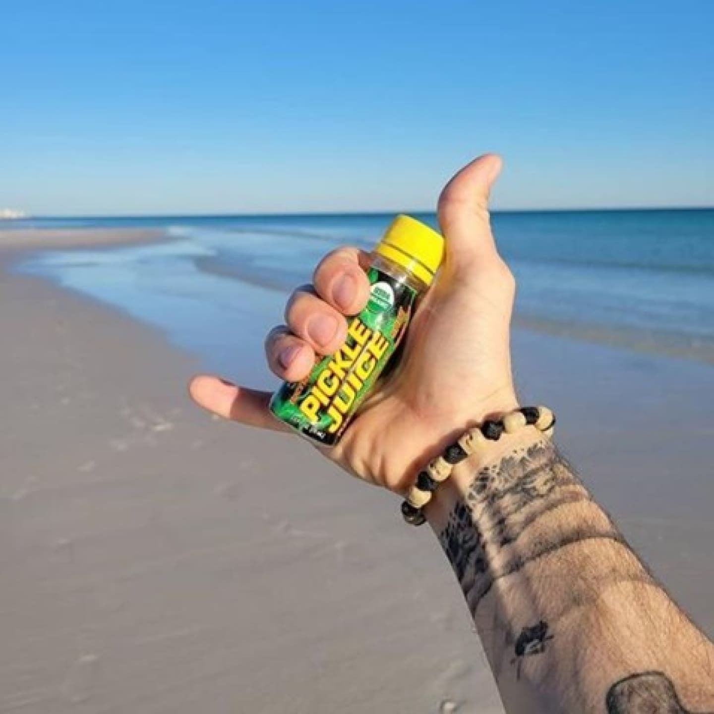 Hand holding a bottle labeled 'Pickle Juice' on a beach