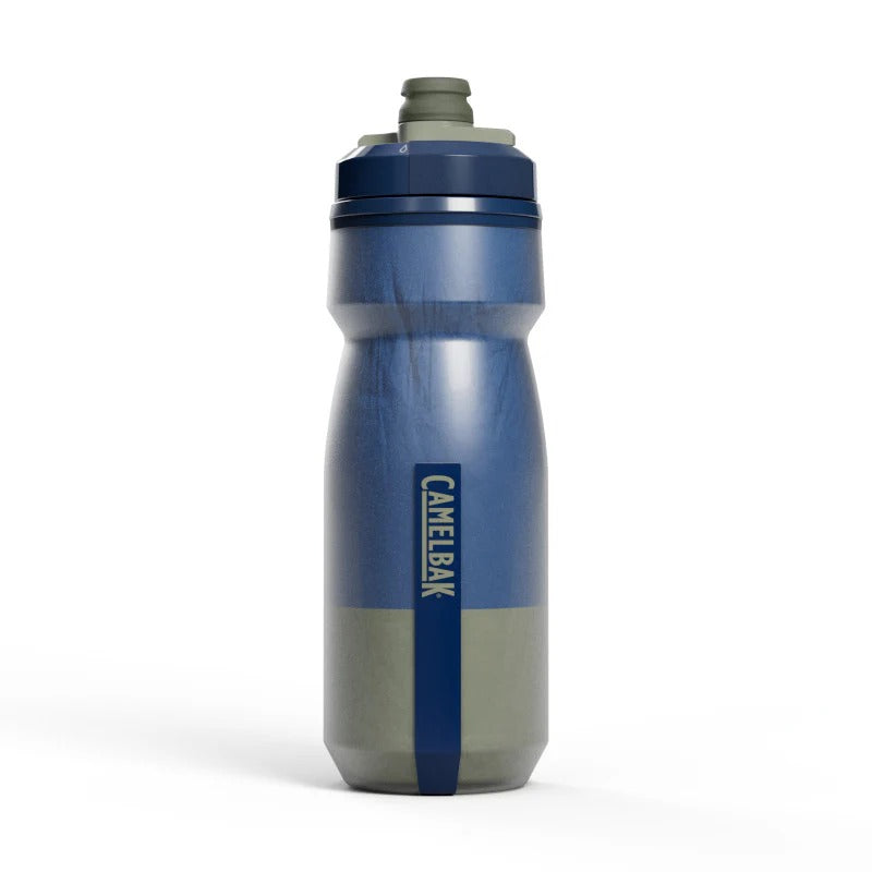 Blue and gray CamelBak water bottle on a white background