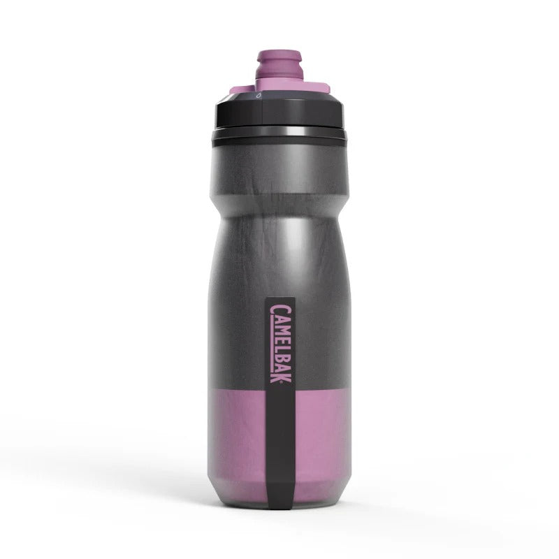 Gray and pink water bottle with CamelBak logo on a white background