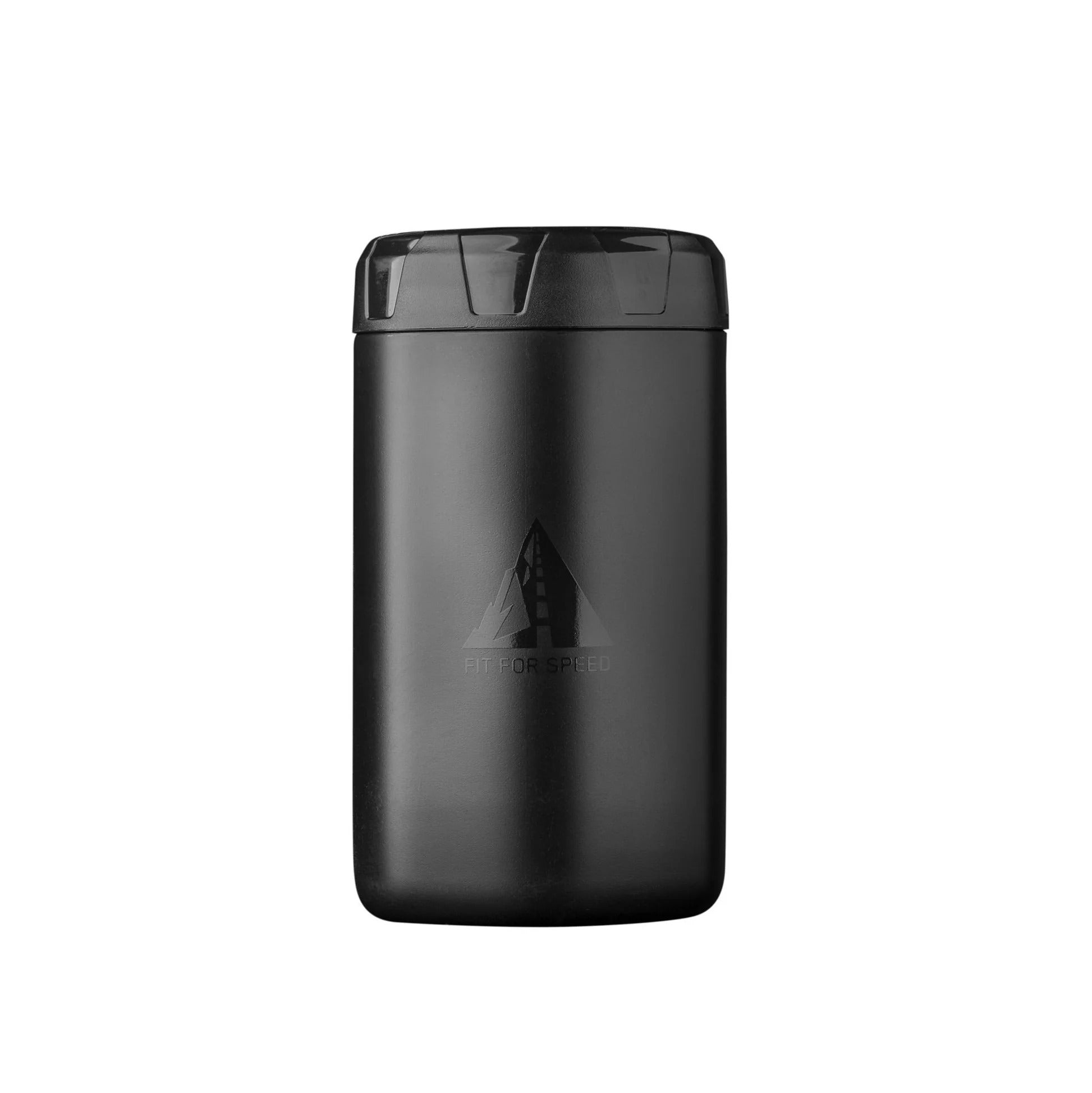 Black tool storage bottle for bicyle on a white background