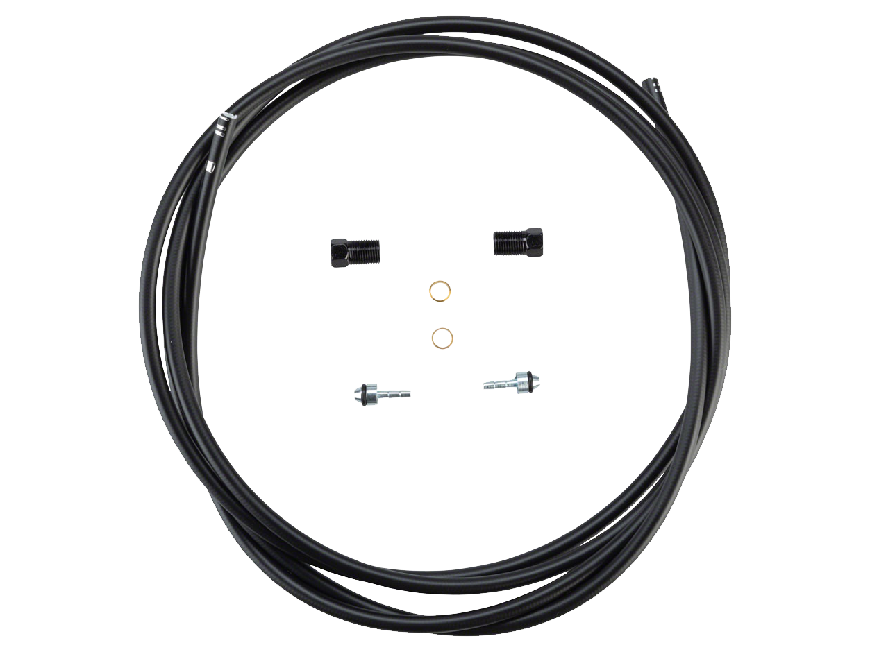Bicycle brake cable kit with components on a white background